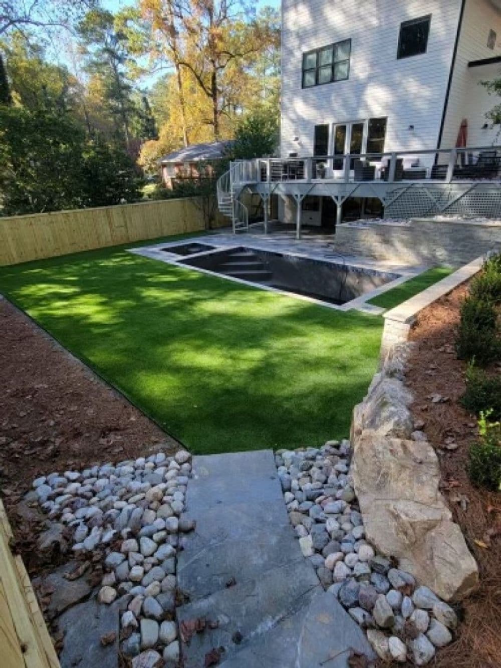 Modern backyard with artificial turf, swimming pool, and stylish home exterior.