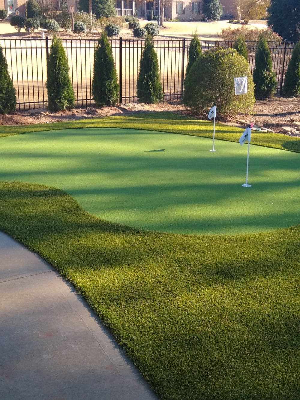 Putting green with two flags, surrounded by manicured grass and a fence in the background.